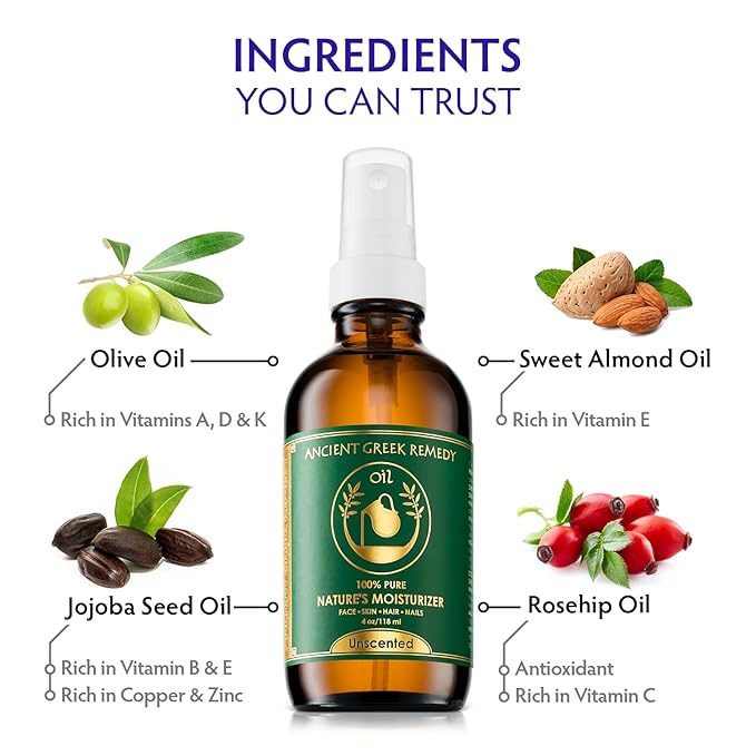 Ancient Greek Remedy - Hydrating Face Oil for Women - Anti-Aging Serum with Organic Jojoba, Rosehip, Sweet Almond, Olive, and Vitamin E - Fast Absorbing Body Oil for Dry Skin - Fragrance Free, 4 fl oz - Bloomnest