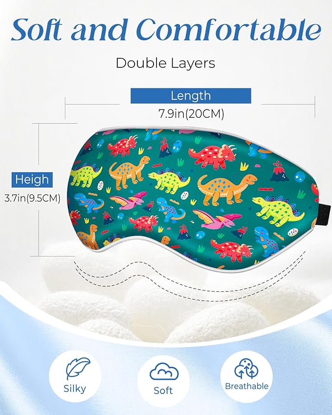 Sleep Mask for Kids - Cute Kawaii Cartoon Silk Sleeping Mask with Adjustable Strap Soft Smooth Light Eye Mask for Sleeping Silk Kids Eye Cover for Boys Girls Teens, Green Dinosaur - Bloomnest