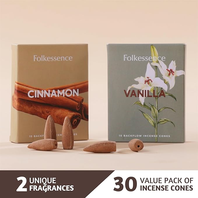 Folkulture Backflow Incense Cones (30 Cones) | Set of 2 Waterfall Insence Cones for Energy, Healing, Aromatherapy | No Charcoal, Organic, Non Toxic Vanilla & Cinnamon Scented Inscents-Cones FOLKULTURE