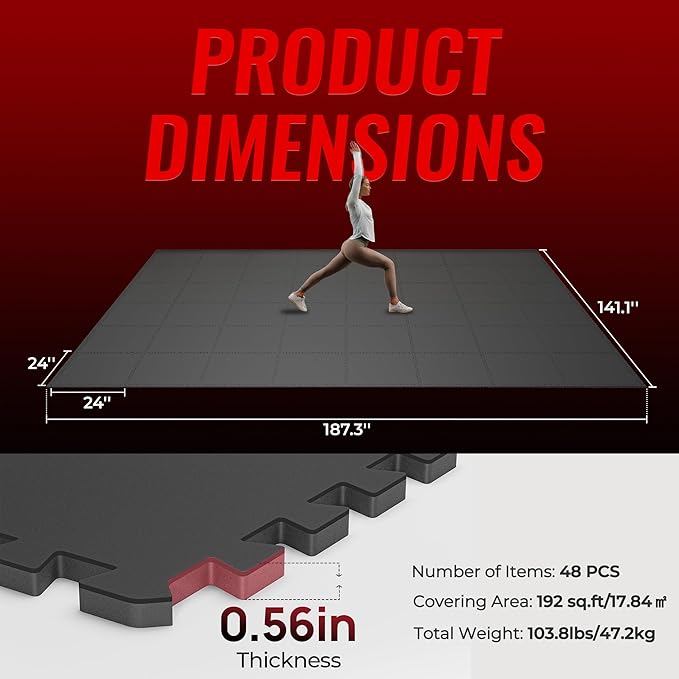 SUPERJARE 0.56'' Thick 48 Pcs 192 Sq Ft Rubber Top Exercise Equipment Mats, High Density EVA Foam Mats with Rubber Top, Interlocking Gym Flooring for Home Gym, Protective Workout Mat, Black - Bloomnest