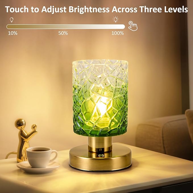 Battery Powered Lamp with Timer, Aesthetic Glass Cordless Lamps, Dimmable Rechargeable Lamp with Remote Control, Small Touch lamp for Nightstand Bedside Bedroom Living Room(Gradient Green) - Bloomnest