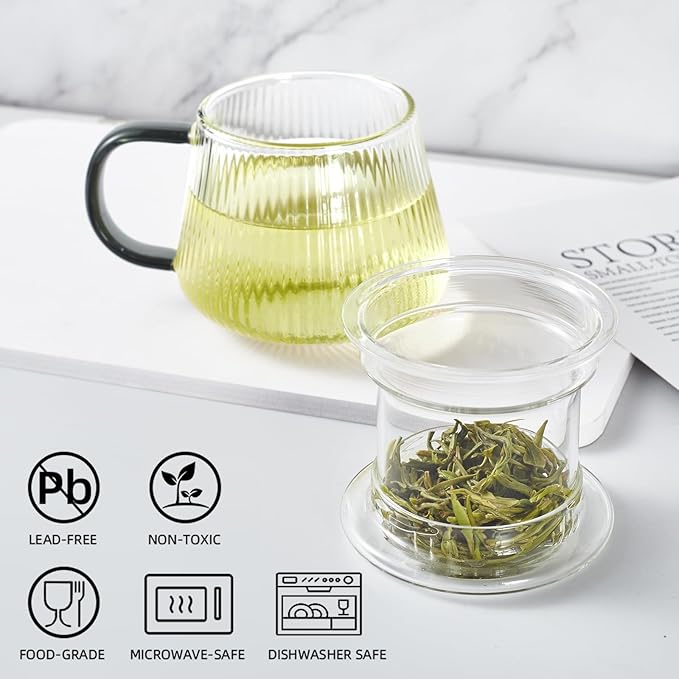Lezero Tea Infuser Cup with Filter and Lids, Borosilicate Glass Mugs with Strainer for Blooming & Loose Leaf, Lead-free, Microwave & Dishwasher Safe, 14oz - Bloomnest