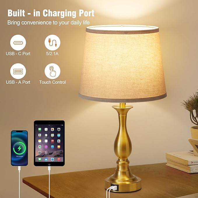 Bedside Table Lamp Touch Control Bedroom Lamps with USB A and C Charging Port 3 Way Dimmable Touch Lamps for Nightstand Living Room Bedroom Dorm Home Office Reading, Set of 2 - Bloomnest