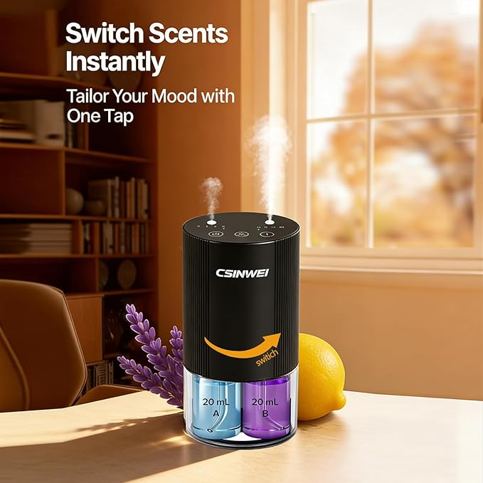 Dual Nozzle Waterless Essential Oil Diffuser for Home Large Room, Car, Office, Portable Battery Operated Aromatherapy Scent Diffusers, Mini Cordless Air Freshener, 5 Timers & 4 Mist Levels - Bloomnest
