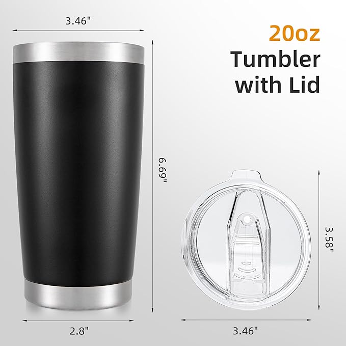 20 oz Tumbler Bulk with Lid Stainless Steel Insulated Tumblers Double Wall Vacuum Coffee Mug Powder Coated Tumbler Cups for Cold and Hot Drinks, Black, 6 pack