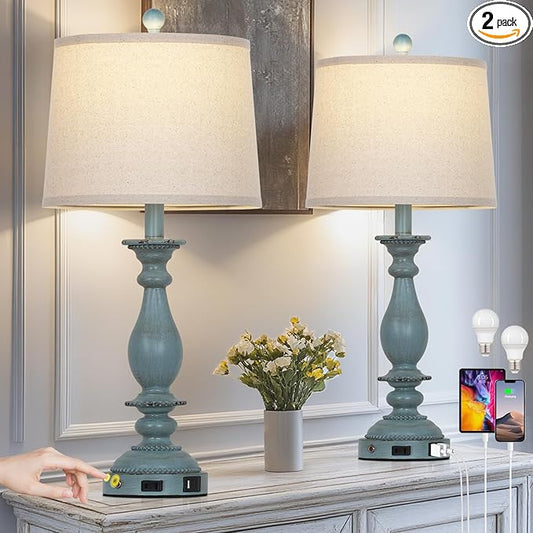 28" Tall Coastal Table Lamps for Living Room Set of 2, Farmhouse Rustic Blue Bedside Touch Lamp with USB C+A Ports & Outlet, 3-Way Dimmable Resin Nightstand Lamps for Bedroom Side End Table - Bloomnest