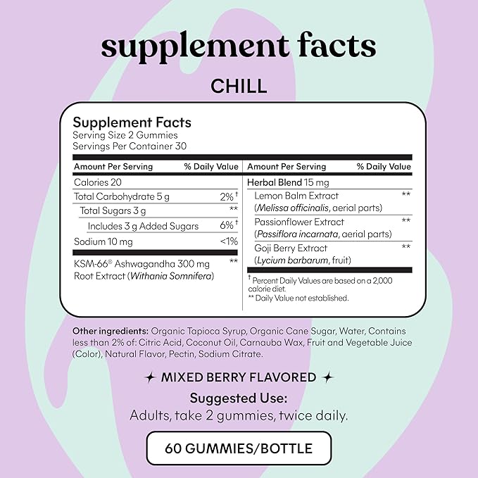 Lemme Chill Stress Relief Gummies with 300mg KSM-66 Ashwagandha, Lemon Balm, Passionflower & Goji to Support Relaxation, Healthy Cortisol & Sleep - Gluten-Free, Non-GMO, Mixed Berry (60 Count) - Bloomnest