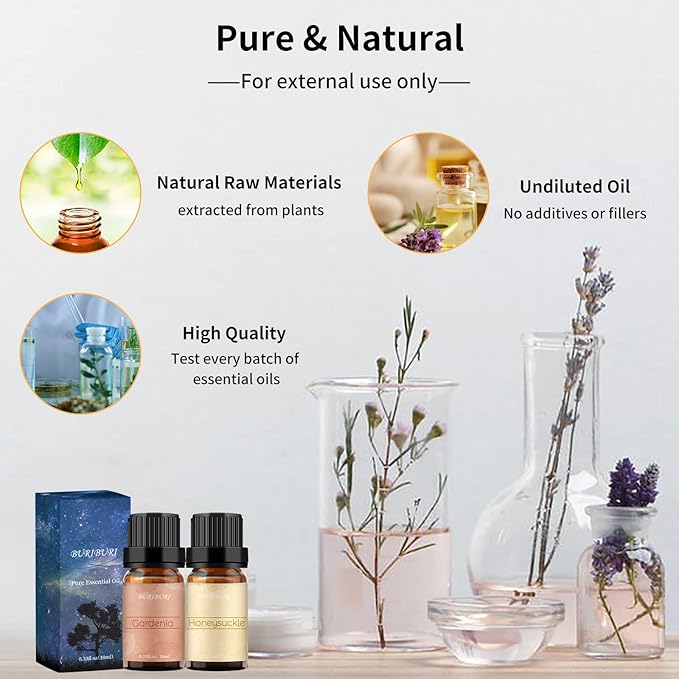 BURIBURI Honeysuckle and Gardenia Essential Oil Set, 100% Pure, Undiluted, Natural Essential Oils Gift Set for Diffuser, Massage BURIBURI