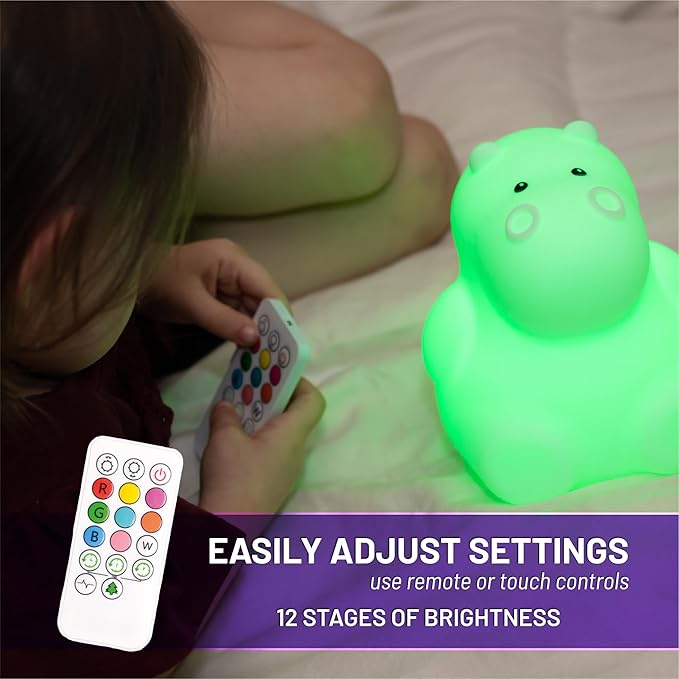 LumiPets Honey the Hippo Silicone Night Light for Kids | Squishy Lamp with Tap & Remote Control | Rechargeable, 9 Color Changing Animal Night Light for Boys & Girls | Portable Nightlight With USB Cord - Bloomnest