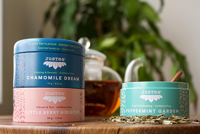 JusTea Herbal Tea Trio | Stacking Tins Variety Pack with Hand Carved Tea Spoon | Loose Leaf | Caffeine Free | Award-Winning | Fair Trade | Non-GMO - Bloomnest