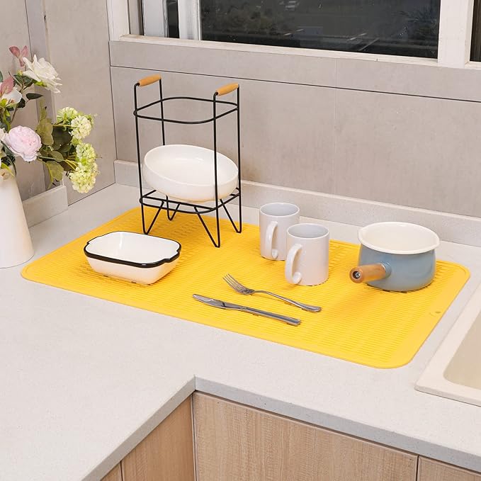 Silicone Dish Drying Mat for Multiple Usage,Easy clean,Eco-friendly,Heat-resistant Silicone Mat for Kitchen Counter or Sink,Refrigerator or Drawer Liner Yellow 4XL 32 inches x 18 inches - Bloomnest