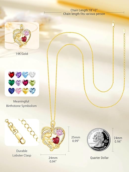 14K Gold Double Birthstone Heart Necklace for Women Mom, Mother Son/Daughter Pendant Necklace for Christmas Mother's Day Birthday Gifts for Wife Daughter Grandmom - Bloomnest