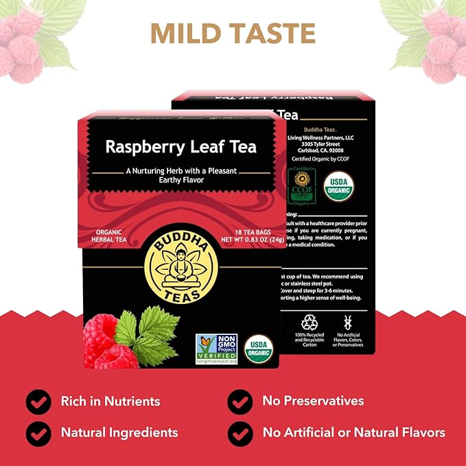 Buddha Teas - Organic Raspberry Leaf Tea - Herbal Tea - For Health & Wellbeing - With Vitamins, Antioxidants & Calcium - Clean Ingredients - Caffeine Free - OU Kosher - 18 Tea Bags (Pack of 1) - Bloomnest