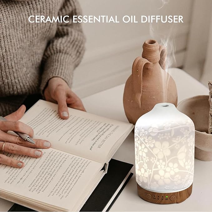 Aromatherapy Essential Oil Diffuser 150ml Ceramic Ultrasonic Aroma Oil Diffuser Humidifier Whisper Quiet Timer Setting 7 LED Colors Changing Lights for Home Office (Cherry Blossom) - Bloomnest