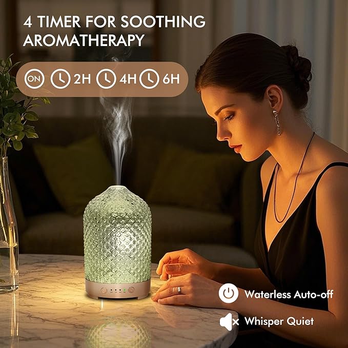 Essential Oil Diffuser 200ml-Ultrasonic Aroma Diffuser with 4 Timers, Aromatherapy Diffuser 7 Color LED Lights Auto Shut-Off Protection for Home Office (Diamond-Glass) EQUSUPRO
