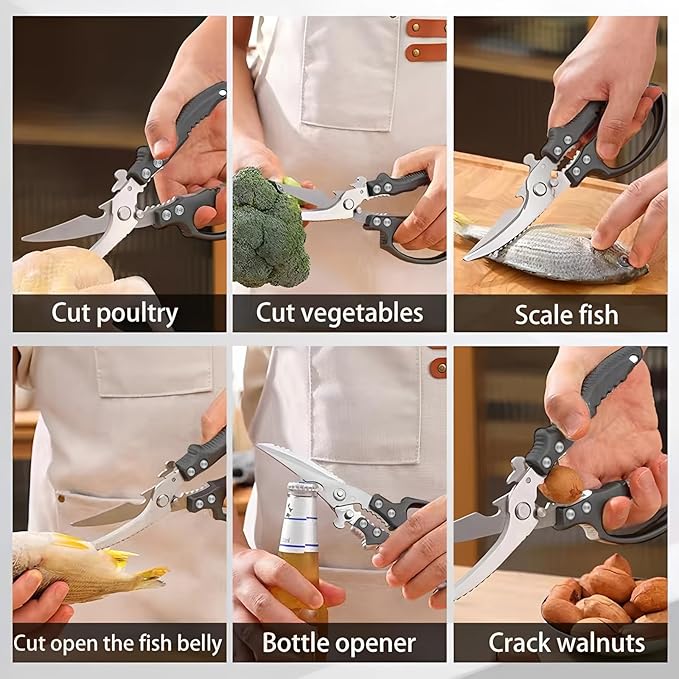 Kitchen Scissors Stainless Steel Shear, Safety Lock, Sharp Heavy Duty Poultry Shears for Food, Chicken Bones, Turkey, Dishwasher Safe, 9.33 Inch, Black - Bloomnest