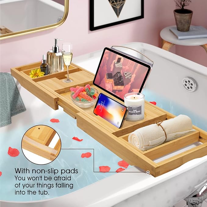 Artmalle Bathtub Caddy Tray for Tub,Foldable Bamboo Bath Table Tray with Book and Wine Glass Holder, Free Soap Dish Suitable for Luxury Spa or Reading,Natural - Bloomnest