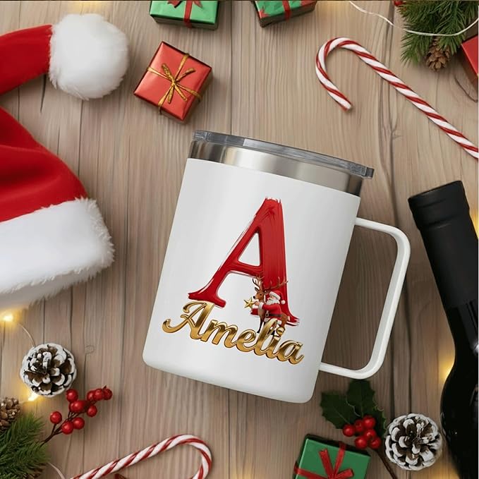 Personalized Christmas Insulated Coffee Mug with Handle – Letter [A] Double Wall Stainless Steel Travel Tumbler for Drinks – Unique Holiday Gift for Men, Women, & Kids(B122) - Bloomnest