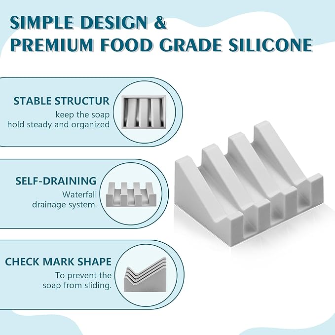 Self Draining Soap Dish Holder,Silicone Soap Dish,for Bathroom,Kitchen, Sponges，Can Extend Soap Life，Keep Soap Bars Dry and Easy Cleaning (Light Grey,1-Pack) - Bloomnest