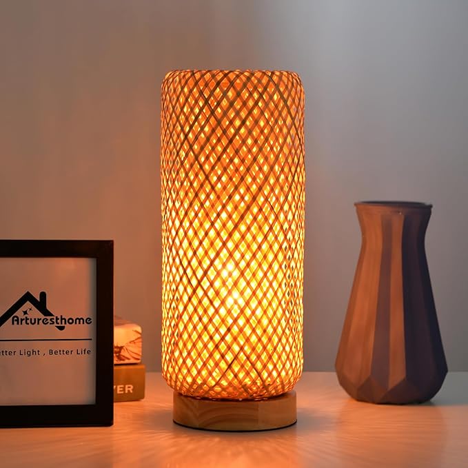 Arturesthome Bamboo Table Lamps with Shade, Rustic Farmhouse Boho Coastal Desk Lamp Night Light for Decorative Bedroom, Study Room, Cafe, Bookcase