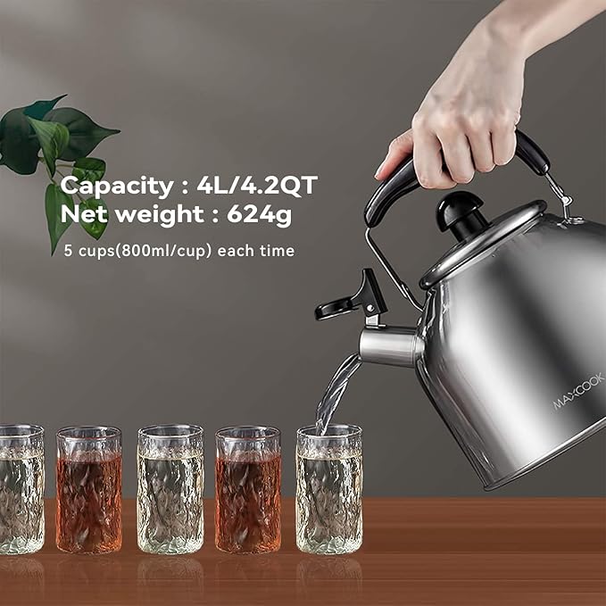 4.2 Quart/4L Stainless Steel Whistling Tea Kettle,Brushed Satin, Suitable to Boiling Water & Tea on Induction Stove, Gas Stove Top - Bloomnest