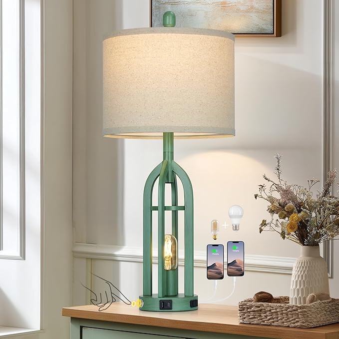 27" Tall Coastal Lamp,Retro-Green Vintage Bedside Nightstand Lamps with USB C+A & AC Outlet,3-Way Dimmable Touch Control Table Lamps for Bedroom Living Room with Night Light,Single Green - Bloomnest