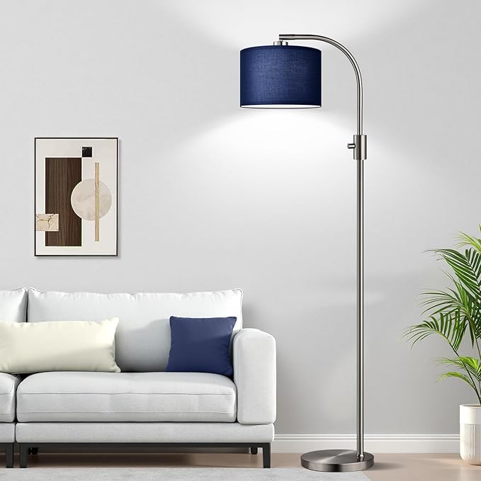 【Upgraded】 Dimmable Brushed Nickel Floor Lamp, 1200 Lumens LED Bulb Included, Arc Floor Lamps for Living Room Modern Standing Lamp with Blue Shade, Tall Lamp for Living Room Bedroom Office Study room - Bloomnest