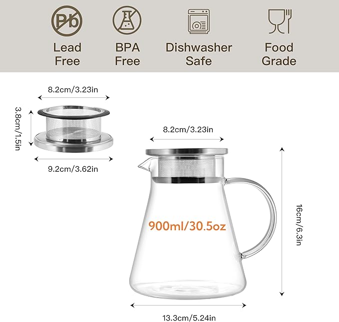 CNGLASS 30.5oz/900ml Glass Teapot Stovetop Safe,One-Touch Clear Tea Kettle,Blooming and Loose Leaf Tea Maker