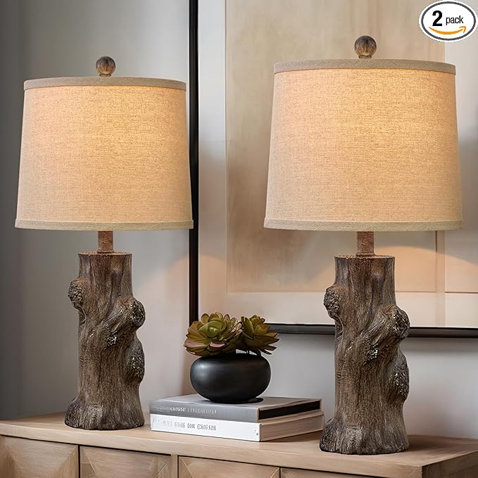 OYEARS 23"Resin Table Lamps for Living Room Set of 2 Country Cottage Farmhouse Lamp for Bedroom Tree Trunk Wood Grain with Oatmeal Fabric Round Shade Vintage Rustic Traditional Nightstand Bedside Lamp - Bloomnest