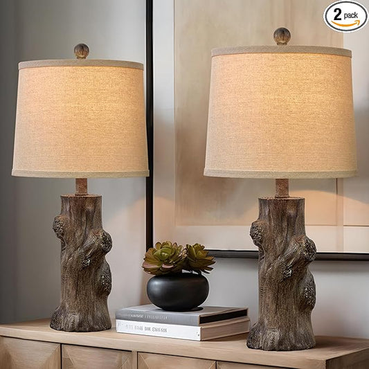 OYEARS 23"Resin Table Lamps for Living Room Set of 2 Country Cottage Farmhouse Lamp for Bedroom Tree Trunk Wood Grain with Oatmeal Fabric Round Shade Vintage Rustic Traditional Nightstand Bedside Lamp - Bloomnest