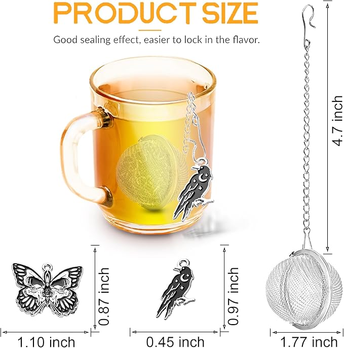 2 Pack Halloween Themed Tea Infuser - Gothic Loose Leaf Tea Steeper with Black Raven & Skull Butterfly Charm, 304 Stainless Steel, Perfect Spooky Tea Gift