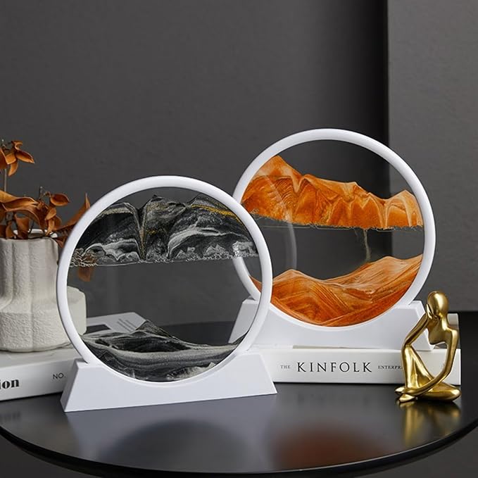 BGFJYUK Moving Sand Art Picture in Motion, Round Glass 3D Deep Sea Sandscapes with Display Flowing Sand Frame for Relaxing Desktop Home Office Work Décor for Kids Adults (White Frame Orange,7inch) - Bloomnest