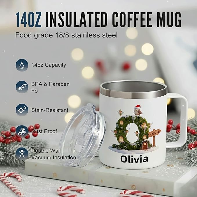 Personalized Fairy Mug | Custom Enchanted Initial Insulated Coffee Cup with Handle & Lid | 12oz Magical Holiday Tumbler,Gift for Girls & Kids (B31) - Bloomnest