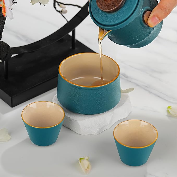 fanquare Travel Ceramic Tea Pot Set, Chinese Kung Fu Teapot, Nesting Tea Set with Pot Infuser 2 Mini Cups 1 Porcelain Teacup and Portable Bag for Picnic Office, Convenient Tea Service, Green