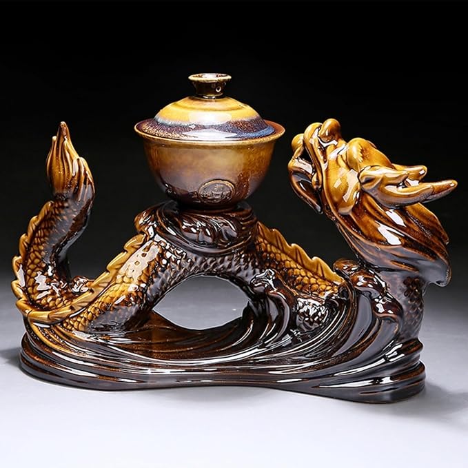 Chinese Gongfu Tea Set - Ceramic Teapot with Infuser, 8 Cups, Semi Automatic Dragon Design for Loose Leaf Tea