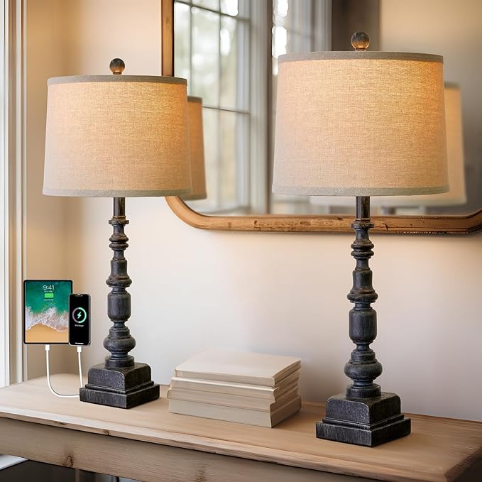 Oneach 27.75” Vintage Farmhouse USB A+C Table Lamps Set of 2 for Living Room Bedroom Traditional Bedside Nightstand Lamp Retro Resin Lamps Linen Shade Nightstand Home Office Antique Black Accent - Bloomnest