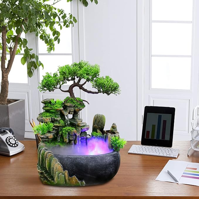 Desktop Fountain Waterfall with Light Rockery Fountain Zen Meditation Plants Stones LED Lamp Indoor Feature with Automatic Pump Relaxation Resin Planter for Office Decoration - Bloomnest