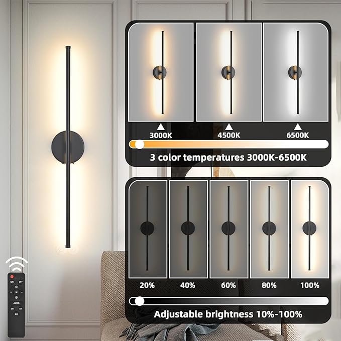 Wall Sconces Battery Operated Set of 2, Black LED Wireless Wall Sconce with Remote Control 350° Rotating, 27.6 Inch Dimmable USB Rechargeable Wall Lights for Living Room Bedroom Hallway - Bloomnest
