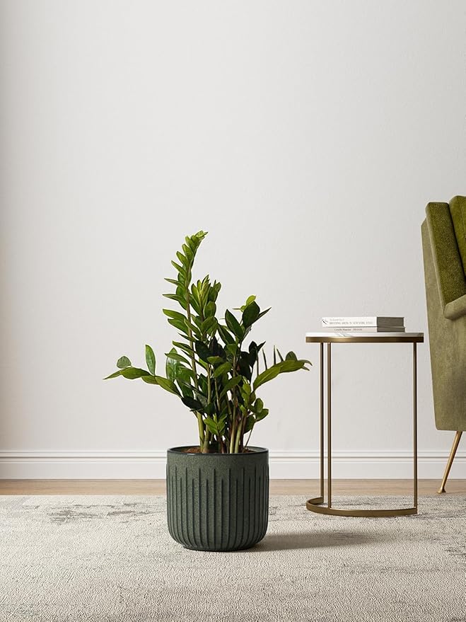 LE TAUCI Fluted Ceramic Planters Set of 3 – 8.3/7 / 5.7 in Dark Olive Reactive Cylinder Indoor Plant Pots with Drainage Plug & Mesh, Glossy Stoneware Flower Pots for Succulents Herbs - Bloomnest
