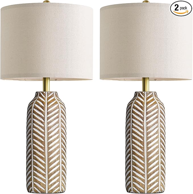 BOBOMOMO 26" Farmhouse Table Lamps Set of 2 - Vintage Leaf Design, Rustic Resin Nightstand Lamps for Bedroom, Living Room, Nursery, Hallway, Elegant Living Room Lamps with Linen Shades Antique Brown - Bloomnest