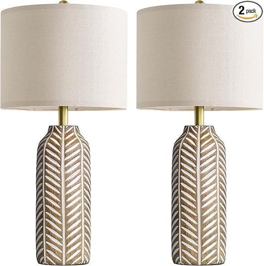BOBOMOMO 26" Farmhouse Table Lamps Set of 2 - Vintage Leaf Design, Rustic Resin Nightstand Lamps for Bedroom, Living Room, Nursery, Hallway, Elegant Living Room Lamps with Linen Shades Antique Brown - Bloomnest