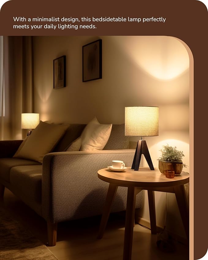 EDISHINE Boho Small Table Lamp, Walnut Color Wooden Tripod Bedside Lamp, Farmhouse Nightstand Lamp for Nursery, Bedroom, Office, Kid Room, Living Room, Grey Linen Lampshade, E26 Socket, 14.2 Inch - Bloomnest