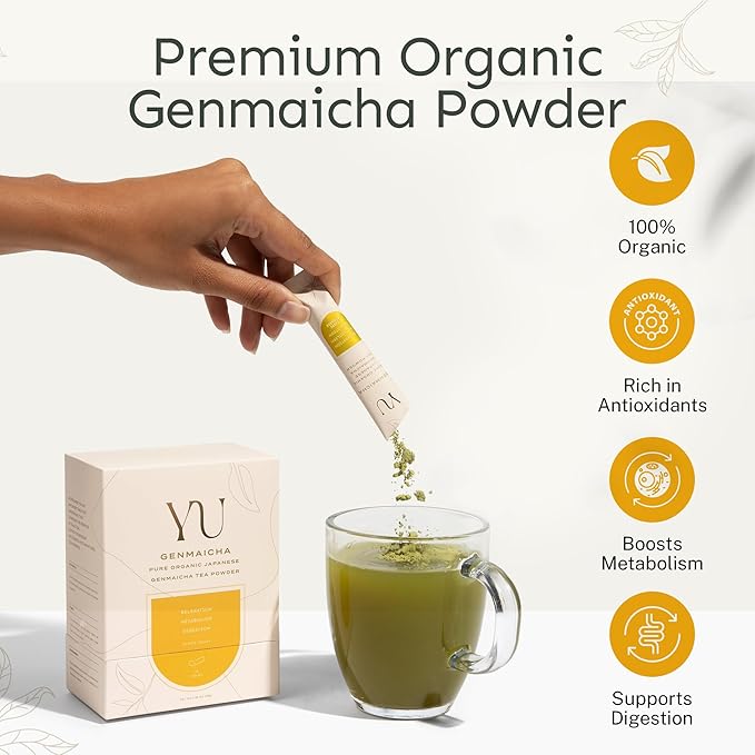 Yu Tea Organic Genmaicha Green Tea Powder, 75 Servings | Japanese Green Tea & Roasted Brown Rice | Low Caffeine & Unsweetened | Relaxation, Antioxidants & Digestion | Resealable Pouch, 2.65 oz - Bloomnest