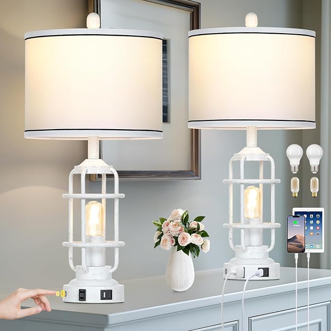 Farmhouse Industrial Lamps with USB A+C Charging Ports & AC Outlet, 3 Way Dimmable Touch Control Vintage Rustic Table lamps for Living Room, White Retro Beside Nightstand Metal Modern Lamp for Bedroom - Bloomnest