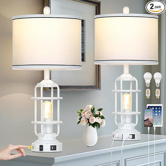 Farmhouse Lamps Set of 2, White Vintage Rustic Industrial Lamps with USB A+C Charging Ports & AC Outlet, 3 Way Dimmable Touch Control Table Lamp with LED Night Light for Living Room Bedrooms Office - Bloomnest