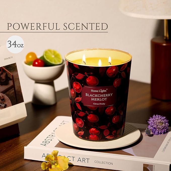 HomeLights Soy Wax Candles for Home Scented, 3-Wick Candles in Blackcherry Merlot Scented, Aromatherapy Candles Gift for Parties, Relaxing, Eclectic Mixed Styles, 34oz - Bloomnest