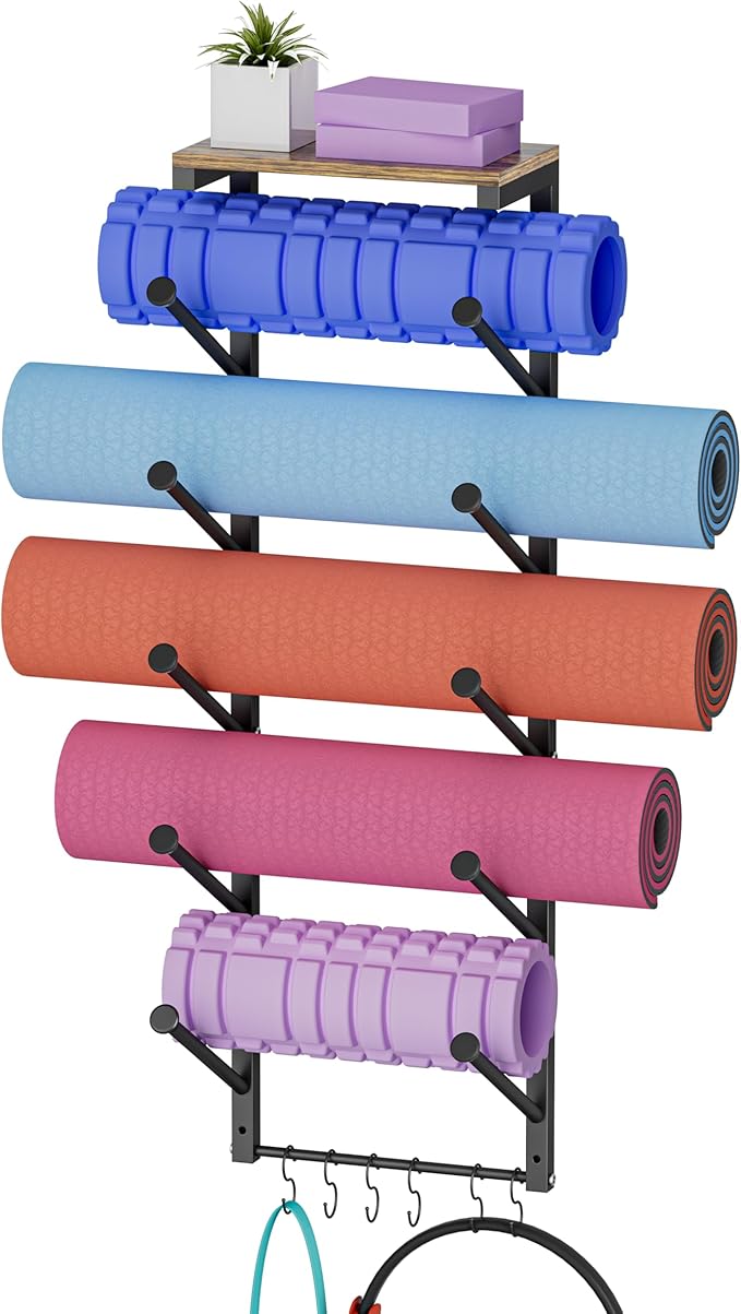 5 Tiers Yoga Mat Holder Rack Wall Mount with 6 Hooks for Hanging Accessory Yoga Strap Foam Rollers Resistance Bands, Yoga Mats Organizer with Floating Shelf for Home Gym Storage Fitness