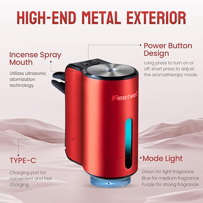 Featwell Car Air Freshener, Three Adjustable Modes Intelligent Aroma Diffuser, Rechargeable Car Diffuser Air Freshener, Red - Bloomnest
