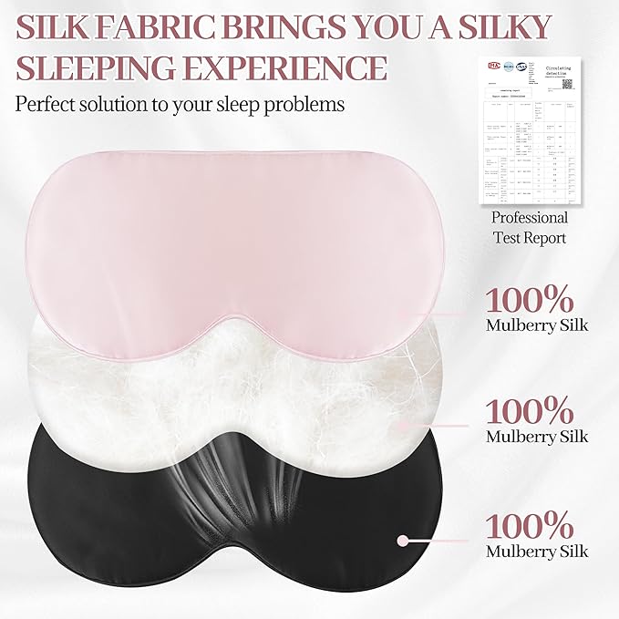Silk Sleep Mask Eye Cover, 100% Mulberry Silk Women Men Eye Mask for Sleeping Blackout with Adjustable Straps, No Pressure Soft Blindfold Night Eye Shade, Eyemasks for Travel (Pink)