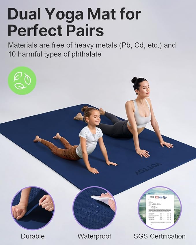 YOTTOY Large Yoga Mat (75 * 52 * 1/2inch),Extra Wide TPE Exercise Mat,Non-Slip Workout Mat for Pilates, Fitness, Barefoot, Home Gym Studio with Strap and Towel - Bloomnest